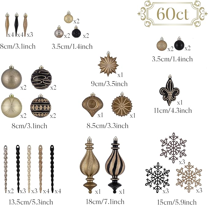 Valery Madelyn Ornaments for Christmas Trees, 60ct Black and Gold Shatterproof Christmas Tree Decorations, Luxury Hanging Ball Ornaments Bulk for Xmas Holiday Decor