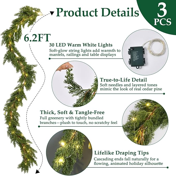 3PCS 6.2FT Christmas Garland with Lights, Real Touch Cedar Garland Thick and Lush Greenery with Soft Artificial Pine Branches for Mantle Fireplace Table Wall Outdoor Indoor Christmas Decorations