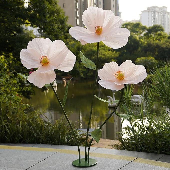 Large Paper Artificial Flowers,Giant Flowers for Decoration,Huge Handcrafted Poppy Fake Flowers with Stand for Home Decor Bridal Shower Party Outdoors Yard Event Backdrop Decor (Champagne)