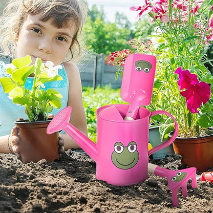 Sungmor Small Watering Can Set Cute Little Gardener Kit | Package Includes 3PC Rose Red Frog Watering Can & Trowel & Rake Gardening Hand Tools | Perfect for Garden,Yard or Beach