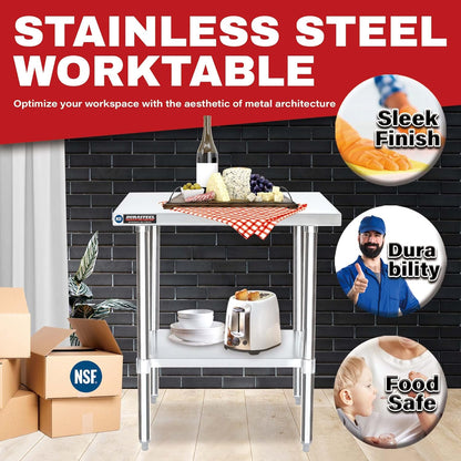 DuraSteel 30x36 Stainless Steel Work Table - NSF Commercial Prep Metal Table - Outdoor Pizza Oven Stand w/Under Shelf - Kitchen Island Laundry Utility Garage Microwave Stand Large Rolling Storage Cart