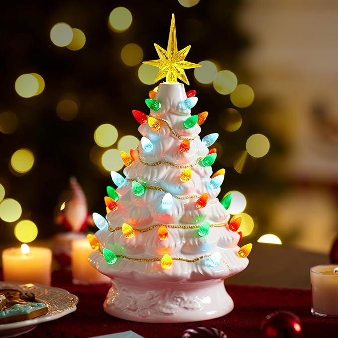 JOIEDOMI 12” White Christmas Ceramic Tree, Light up Tabletop Xmas Tree with 49 LED Lights, Ceramic Decor with Christmas Design, Xmas Holiday Indoor Office Table Centerpiece Decoration