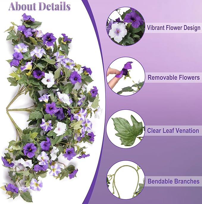 Artificial Hanging Fake Flowers with Basket Plants for Outdoor Decoration, Faux Silk Flower UV Resistant Morning Glory for Home Porch Patio Garden Balcony Yard Look Real (Purple White)