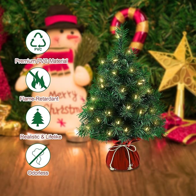 Tabletop Mini Christmas Tree 22 Inch - Mini Artificial Christmas Tree with 35 Warm White Lights, 75 Branch Tips & Red Cloth Bag Base, Perfect DIY Christmas Decorations, Green