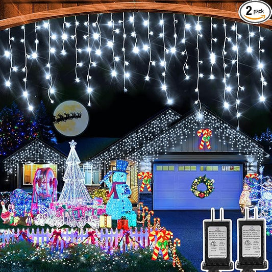 Christmas Lights Outdoor, 2 Pack Total 98FT 960 LED Ice Lights for Outside with 180 Drops Clear Wire 8 Modes Timer, Plug in Waterproof for Holiday Eaves Yard Roof Party Christmas Decor (Cool White)