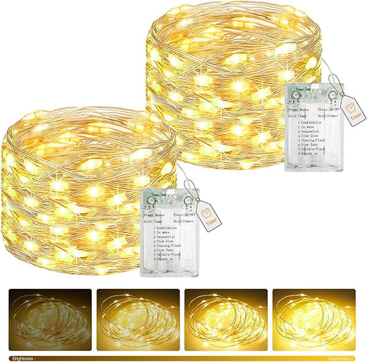 btfarm 2 Pack Fairy Lights Battery Operated with Timer, 16.4 FT 50 LED Silver Wire Twinkle String Lights 8 Modes Dimmable Waterproof for Indoor Christmas Bedroom Wedding Decorations, Warm White
