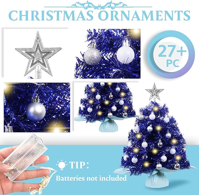 XmasExp Mini Christmas Tree with Lights Blue Small Christmas Tree Artificial Tabletop Xmas Decor Holiday Decoration for Home, Office, Party