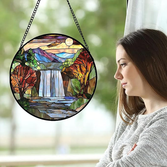 Stained Glass Window Hanging, Abstract Landscape Waterfall Mountains Trees Suncatcher for Doors Window Home Sun Catchers Decor Mother's Day Birthday Gifts for Women Men Mom 11.8 in