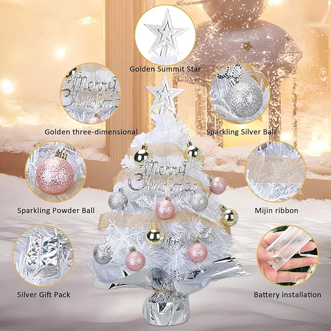 Small Mini Table top Christmas Tree with 50 LED Lights 24 Inch /2FT Little Prelit Christmas Tree Decorated Gift Boxes and Hanging Ornaments for DIY Christmas Decoration