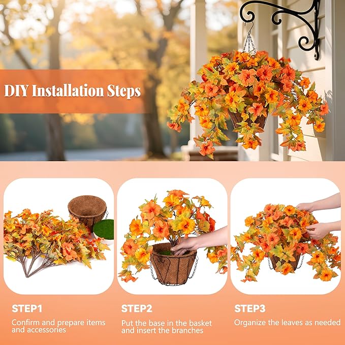 Artificial Fake Fall Flowers with Hanging Basket for Outdoor Decoration, Silk Faux Flowers UV Resistant Fake Plants for Home Porch Patio Garden Window Box Autumn Decor Look Real (Orange)