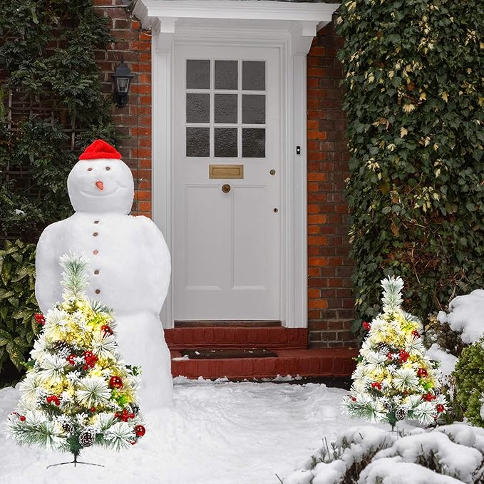 HAPPYGRILL Outdoor Pathway Christmas Tree Set of 2, Pre-Lit Snow Flocked Xmas Trees with LED Lights, 8 Light Modes, 29 inch Battery Powered Porch Christmas Trees for Holiday Decoration