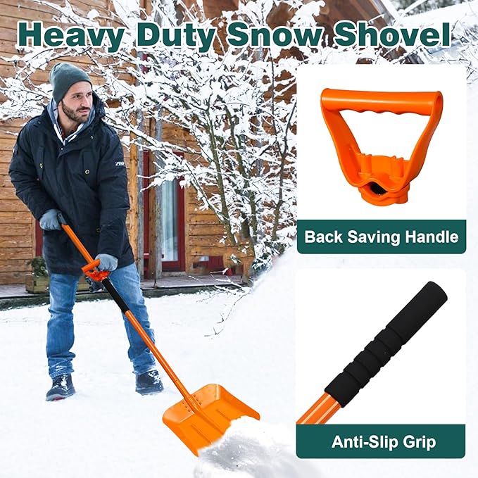 69 Inch Heavy Duty Snow Shovel for Driveway, Large Capacity Snow Removal with Ergonomic Handle Tool, Portable Shovel for Car Sidewalk Garden Farm, Orange