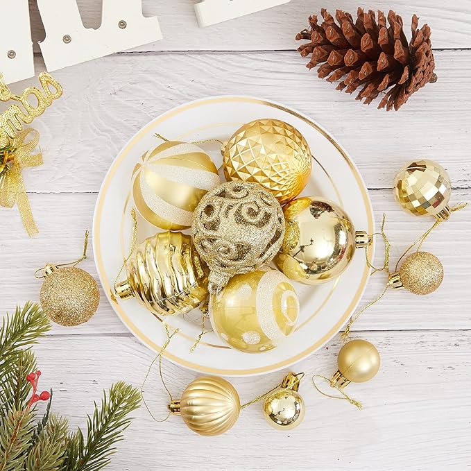100PCS Christmas Ball Ornaments, Assorted Shatterproof Christmas Tree Decorations, Seasonal Decorative Hanging Baubles Decor Set for Xmas/Holiday/Party, Glitter&Painting Ornament Set (Gold)