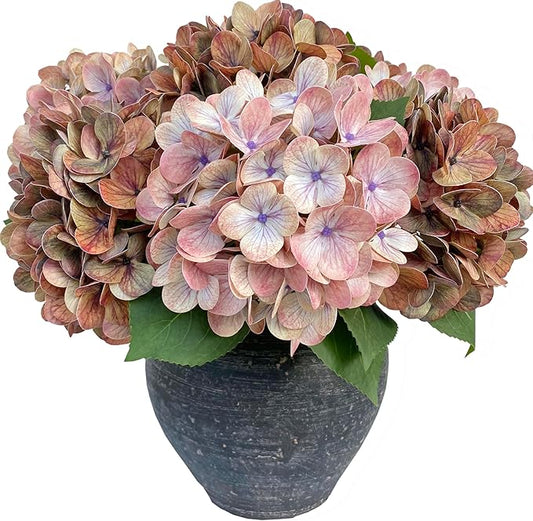 4PCS Latex Faux Real Touch Hydrangea Artificial Flowers，23 inch Fall Brown Fake Silk Hydrangeas，Soft Hydrangeas with Long Stems & Leaves - Mix Fall