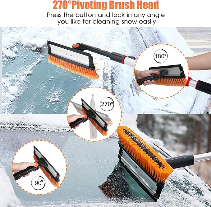 FOVAL 47.2" Extendable Ice Scraper Snow Brush with Squeegee for Windshield Window Car Trucks SUVs, 270° Pivoting Brush Head, Essential Winter Tool Ice Snow Remover with Comfortable Foam Grip