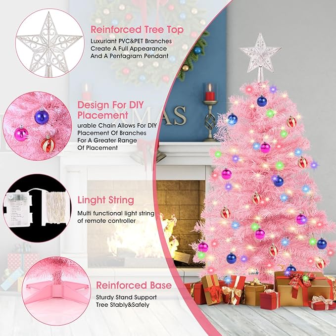 3Ft Christmas Tree with Lights, Table Christmas Tree with 50 LED 12 Modes, 3D Star, 15 Hanging Ball Ornaments, Small Prelit Xmas Tree for Tabletop, Home and Office (Pink)