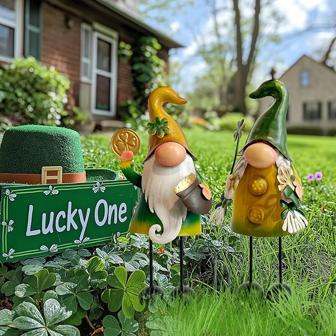 HONGLAND Fall Decor - Fall Decorations for Garden, Metal Gnomes Figurine Yard Art, Luck Shamrock Gnome for Home Outside Lawn Party Yard Patio