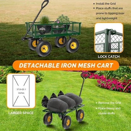 VINGLI Heavy Duty 880 LBS Mesh Steel Garden Cart, Detachable Utility Wheelbarrow, Yard and Garden Wagon Cart with Removable Sides and 10 Inch Wheels (Green)