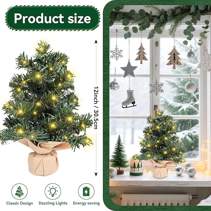 Tabletop Christmas Tree 11.81Inches Mini Artificial Christmas Tree with LED String Lights, Tabletop Small Xmas Tree for Holiday Indoor Christmas Decorations Green