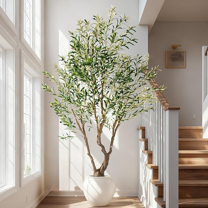 8ft Faux Olive Tree with Pot & Moss Artificial Olive Plant Fake Olive Tree for Home Decor, Large Indoor Artificial Trees Faux Plants Indoor Durable Artificial Trees for Living Room/Office