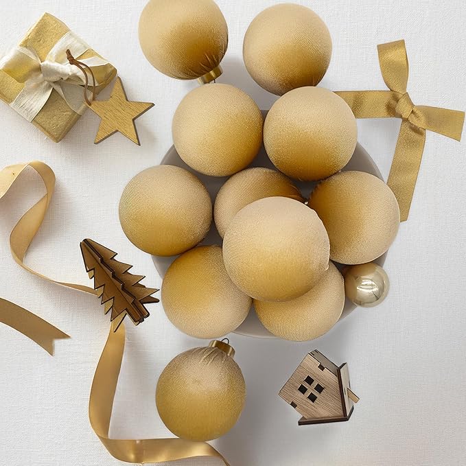 18PCS Champagne Gold Velvet Christmas Ornaments Set – Large Matte Flocked Shatterproof Baubles for Xmas Tree Decoration, Luxury Hanging Ornaments for Holiday & Home Décor (Gold, 3 Inch / 8 cm)