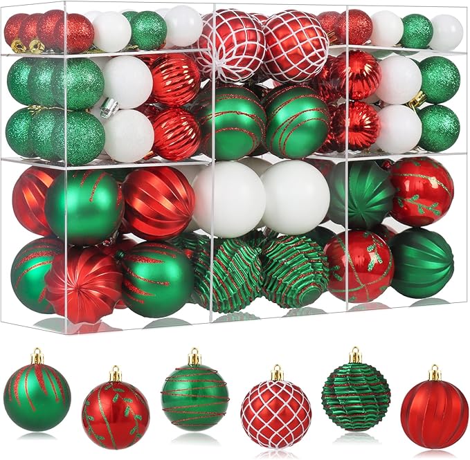100PCS Red Green White Christmas Ornaments Set, Shatterproof Christmas Ball Ornaments Bulk, Assorted Decorations Baubles Hanging Ornaments for Christmas Trees Holiday Party Decor (Red & Green & White)