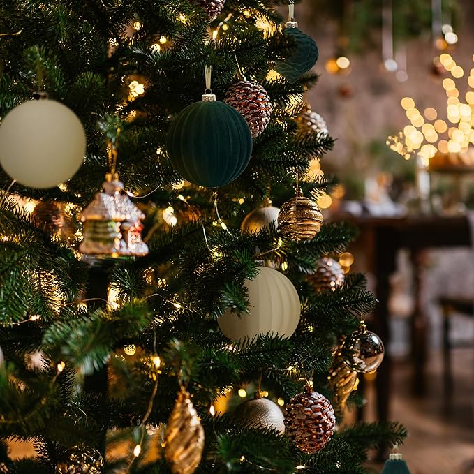 KI Store Velvet Christmas Balls Green 25pcs Flocked Christmas Tree Ornaments Assortment for Xmas Tree Holiday Decor