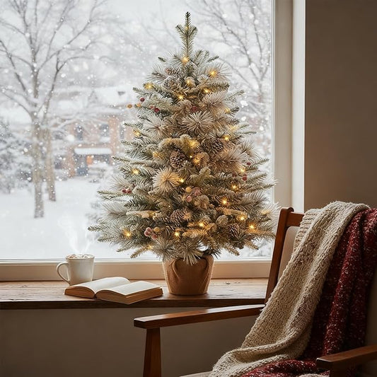 3FT Pre-lit Snow Flocked Christmas Tree, Tabletop Artificial Christmas Tree, Mini Christmas Tree with Pine Cones & Red Berries for Home, Shop Décor