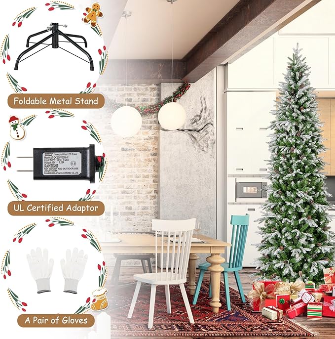 GOFLAME 9 FT Pre-Lit Pencil Christmas Tree Snow Flocked, Slim Artificial Xmas Tree with 1310 Branch Tips, 470 LED Lights, 98 Natural Pine Cones, Hinged Holiday Decoration Tree for Home Office