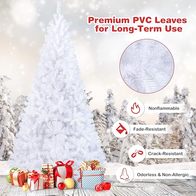 Happygrill 8 Feet White Christmas Tree Artificial Xmas Tree with Solid Metal Stand White Christmas Pine Tree for Indoor Outdoor Decoration