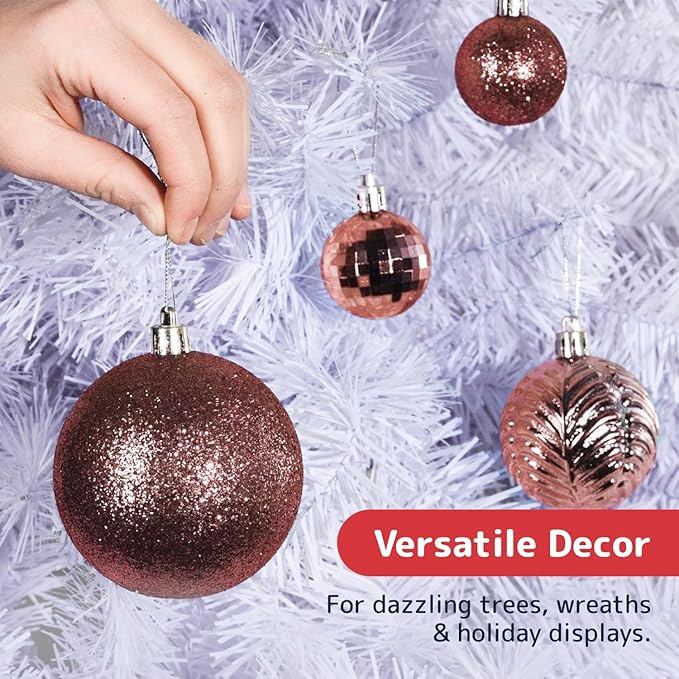 Prextex 36-Pieces Christmas Ornaments Set - Shatterproof, Festive Christmas Balls Decorations in 3 Sizes and 6 Styles with Hanging Loops for Tree, Wreath, and Dazzling Holiday Party Decor - Rose Gold