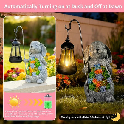 Solar Rabbit Garden Statue with Lantern – Waterproof Resin Outdoor Decor for Yard, Lawn, Patio, Garden – Gift for Easter, Christmas, Housewarming – Solar Garden Decor