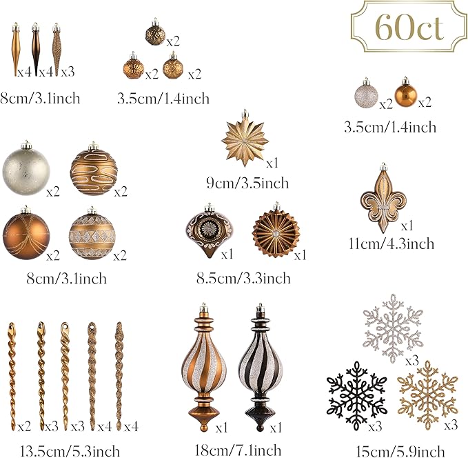 Valery Madelyn Ornaments for Christmas Trees, 60ct Bronze Copper Brown and Gold Shatterproof Christmas Tree Decorations, Luxury Hanging Ball Ornaments Bulk for Thanksgiving Autumn Harvest Decor
