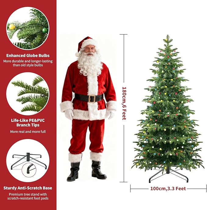 6FT Artificial Christmas Tree with LED Lights Pre-Lit, Pine Tree Indoor Christmas Decorations with Metal Foldable Stand, Xmas Tree for Home Office Holiday Party, ETL Listed