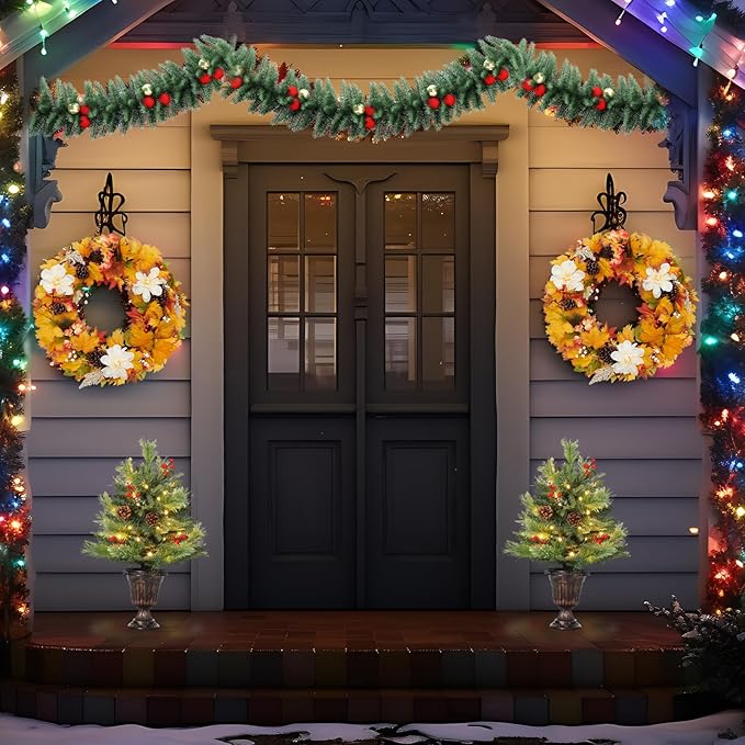 GarveeHome 2 Ft Artificial Mini Christmas Tree, Tabletop Christmas Tree with 40 LED Warm Lights, Mini Xmas Tree with Pine Cone & Red Berry for Tabletop, Home, Office, Holiday, Indoor and Outdoor Decor