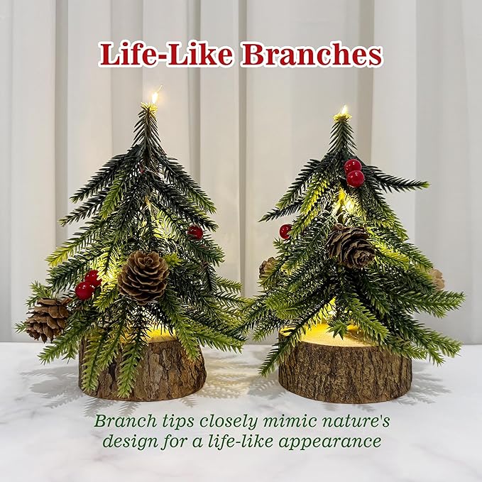2 Pack Artificial Christmas Tabletop Mini Pine Trees, 6.5 in Tall Lighted Holiday Decorations with Wooden Base, Red Berries, Pine Cones for Home Table Windowsill Office Desk Desk Mantel