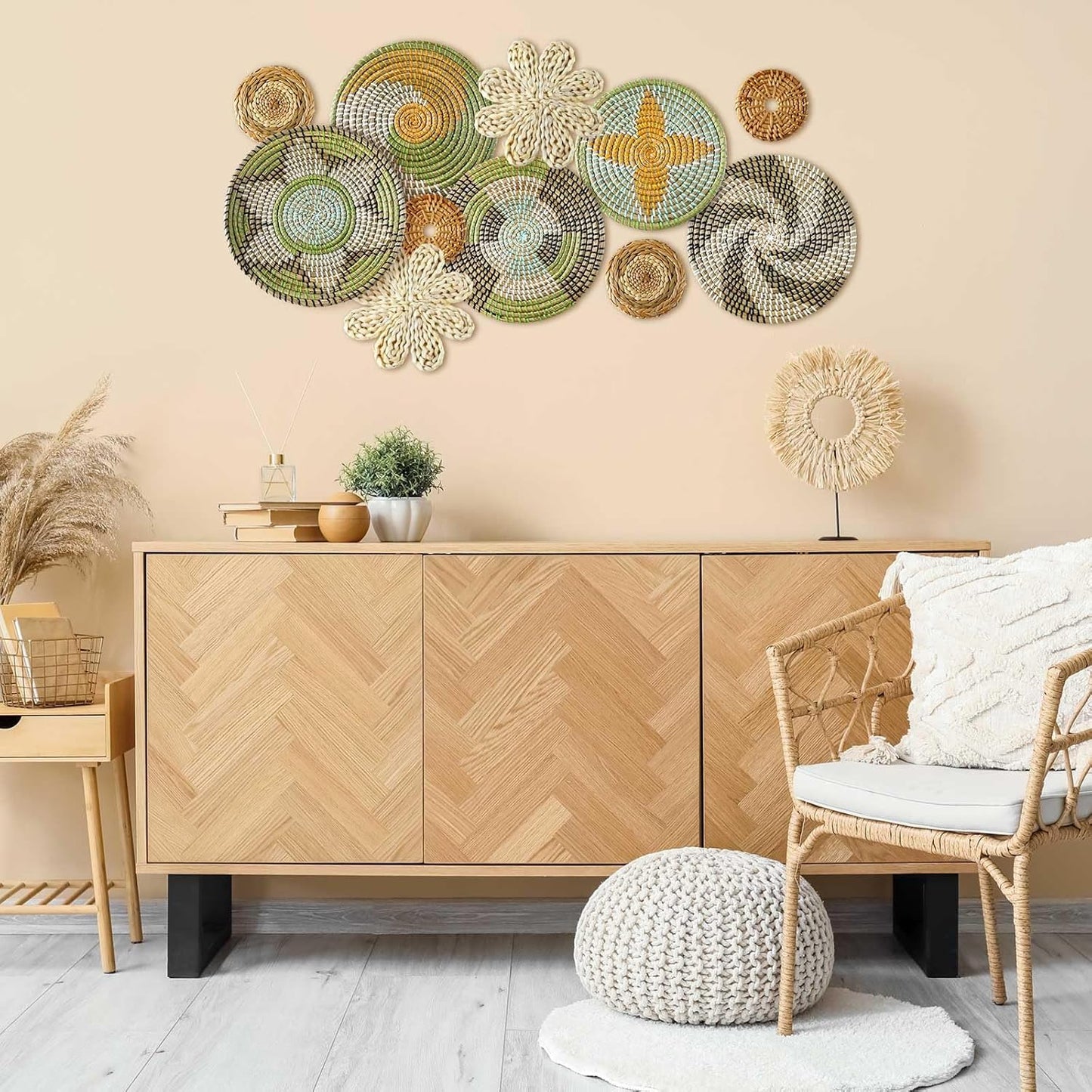 Tatuo 11 Pcs Boho Wall Basket Decor Decorative Bulrush Woven Basket Wall Decor Art Round Farmhouse Hanging Baskets for Kitchen Rustic Home Summer Decorations, Multi Sizes(Stylish)