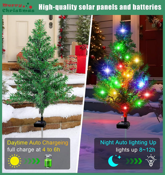 Solar Christmas Tree Outdoor Decor, Waterproof Solar Xmas Decorations Garden Stake Lights, Multi-Color LED Artificial Prelit Christmas Décor for Outside Landscape Pathway Porch Yard Holiday (4 pcs)