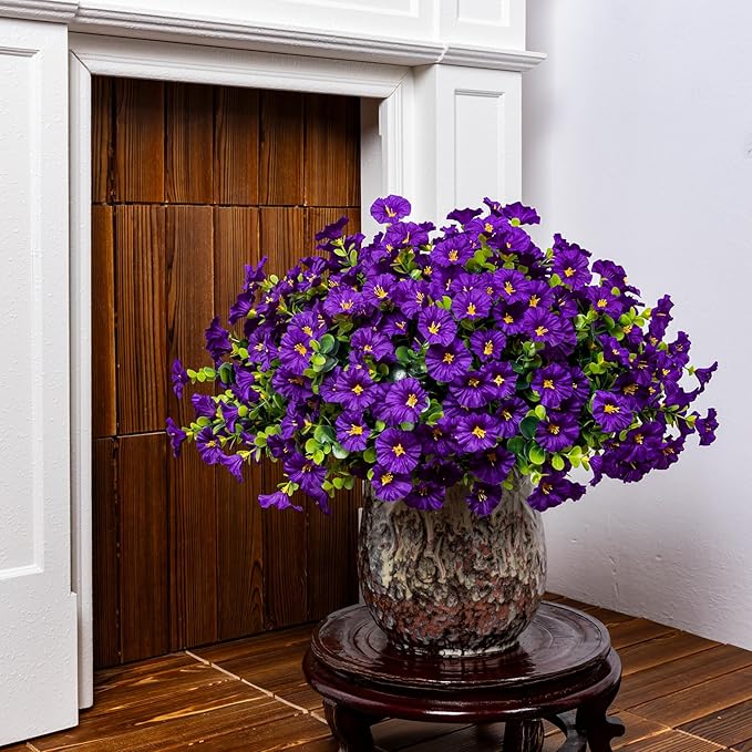 Artificial Faux Flowers for Outdoor 16 Bundles Boxwood Fake Morning Glory for Planter,UV Resistant Fake Flowers for Home Porch Patio Outside（Purple）