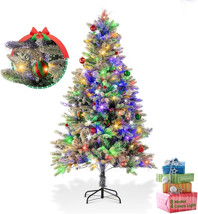 6ft Prelit Green Artificial Christmas Tree with 200 Multi-Color LED, 4 Color 8 Mode, Flocked Hinged Xmas Tree with 1000 Realistic Branche, Easy Assembly for Home Office Holiday Decoration
