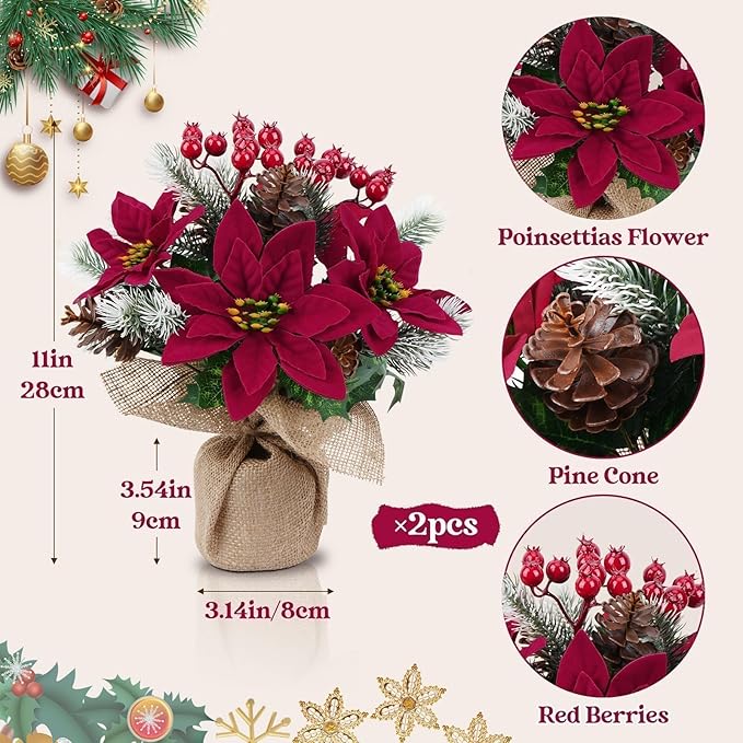 HUAESIN 2PCS Artificial Poinsettias Potted 11" Christmas Plants Fake Mini Christmas Tree with Berries Pinecone Table Centerpieces Indoor Xmas Decorations for Tables Kitchen Office Desk Home