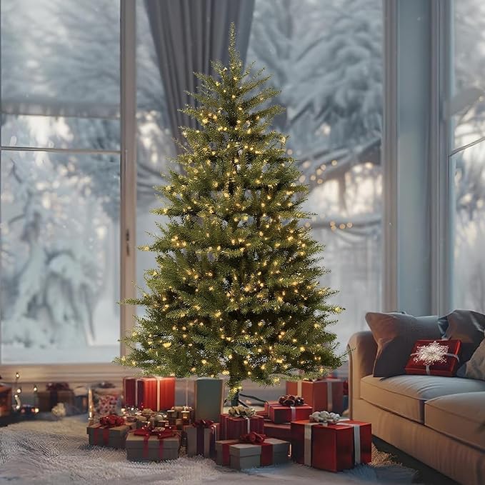 6FT Pre-Lit Artificial Christmas Tree with 500 White Lights, 1430 PVC Branch Tips,Green Dunhill Fir Xmas Tree, Foldable Metal Base for Home, Party Holiday Décor