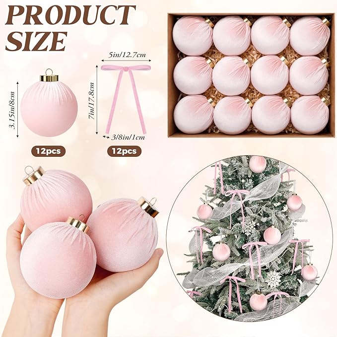 24 Pack Velvet Christmas Ornaments Balls for Tree, 12 Pcs 3.15 Inch Large Velvet Christmas Balls and 12 Pcs Vintage Bows for Xmas Tree Garland Wreath Holiday Party Indoor Home Decor