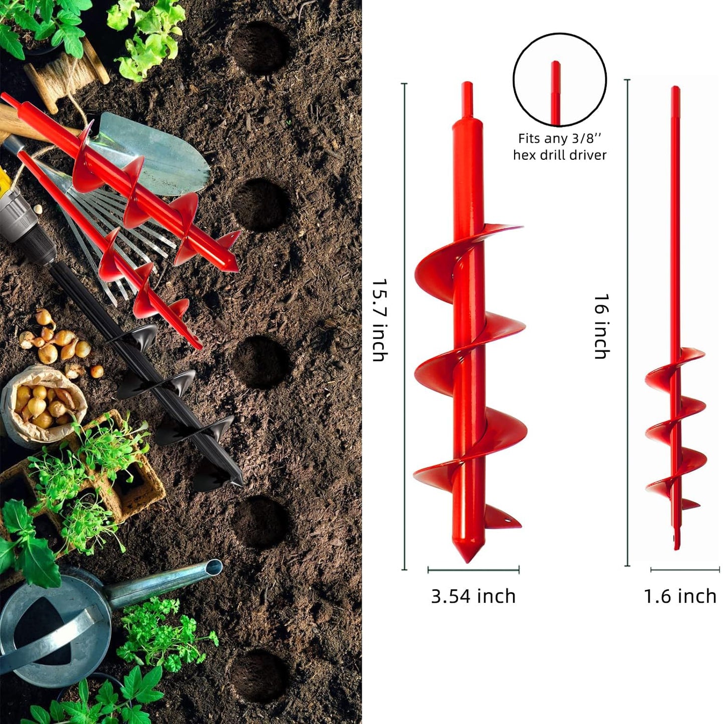 Garden Auger Drill Bit for Planting-1.6x16'' & 3.54x15.7,Ground Earth Spiral Drill Bit for 3/8" Hex Drive Drill, Yard Auger Drill for Bulbs Planting, Hole Digger Flowers,Umbrella Holes,Bedding Digging