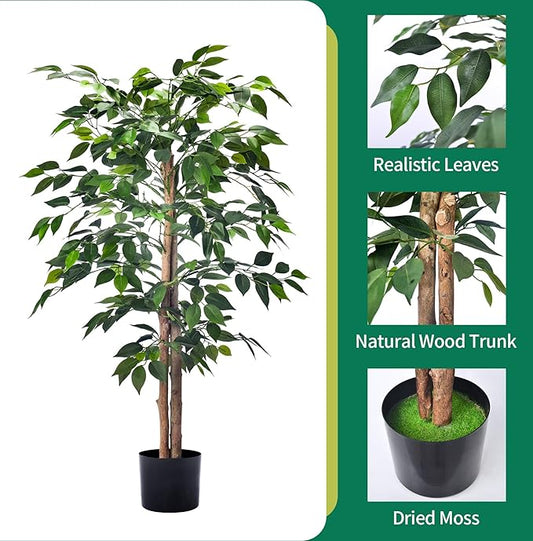 2Packs 4FT Artificial Ficus Trees with Realistic Leaves and Natural Trunk, Faux Ficus Tree with Sturdy Plastic Nursery Pot, Fake Ficus Tree for Office Home Farmhouse for Indoor Outdoor Decor