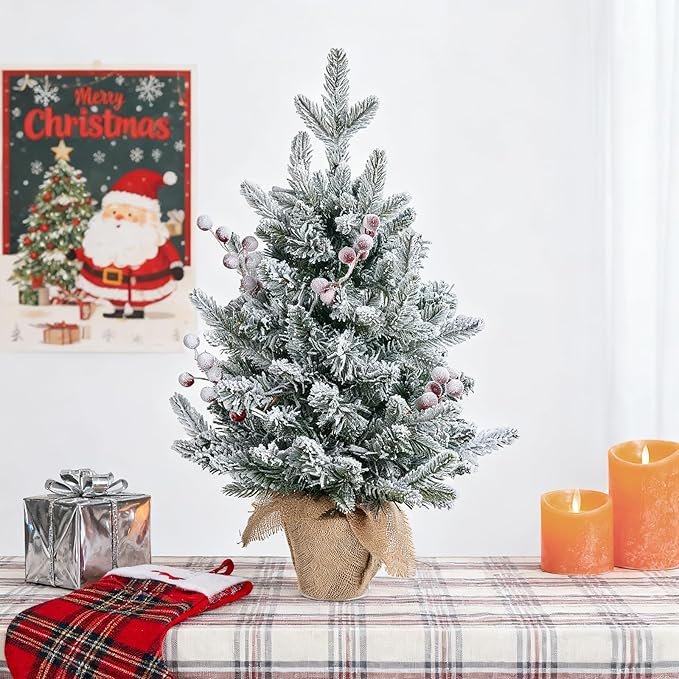 ELYKEN 22'' Mini Christmas Tree with LED Lights, Small Tabletop Artificial Christmas Xmas Holiday Party Decorations with Red Berries Pine Cones for Desk, Indoor Decor