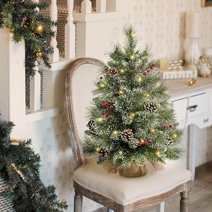 24" Mini Christmas Trees with Flocked Pine Needles, Pine Cones, Berries Decoration, 2 Ft Decorated Burlap Trees with 25 Led Lights, Kitchen Tabletop Artificial Pre Lit Christmas Tree