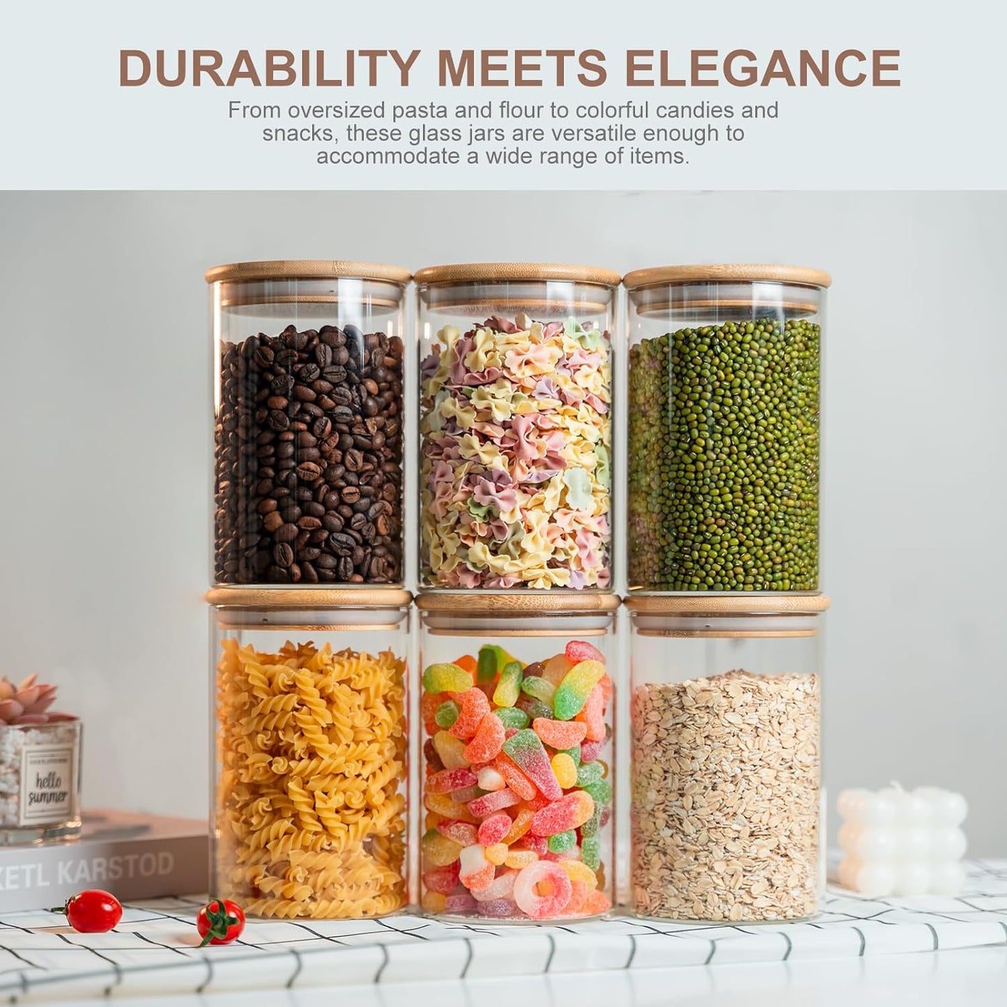 Glass Food Storage Jars 6-Pack 37oz - 4x6 in-Clear Glass Food Canisters with Bamboo Lid Airtight For Serving Tea, Coffee, Flour, Sugar, Candy, Cookie, Spice and More (Circular)