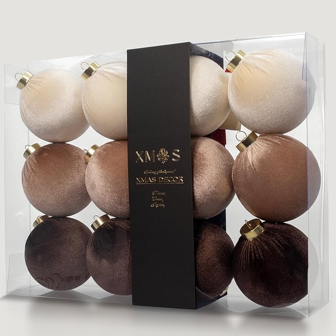 12PCS Velvet Christmas Ornaments Set – 4 Inch Large Flocked Shatterproof Baubles for Xmas Tree Decoration, Hanging Ornaments for Holiday & Home Décor (Brown, White, 4 Inch / 10 cm)