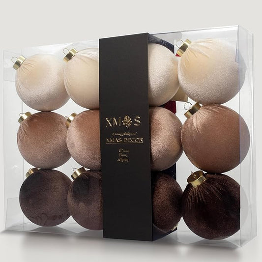 12PCS Velvet Christmas Ornaments Set – 4 Inch Large Flocked Shatterproof Baubles for Xmas Tree Decoration, Hanging Ornaments for Holiday & Home Décor (Brown, White, 4 Inch / 10 cm)